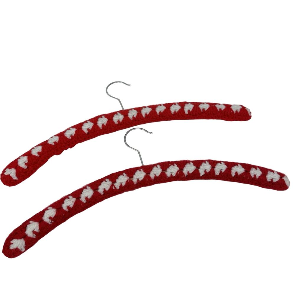 2 Vintage Handmade Crochet Clothes Hangers Yarn Covered Cottage Core Red White